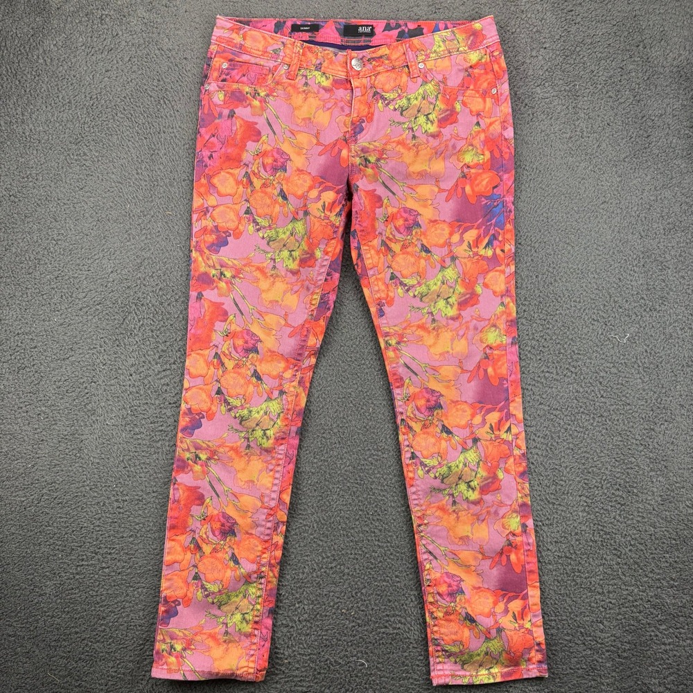 ANA A New Approach Womens Skinny Floral Print Pants Pink Orange‎ Size 31/12
